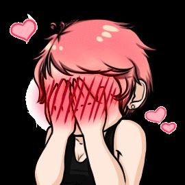 Blushing anime girl covering her face with her hands and hearts floating around her head.