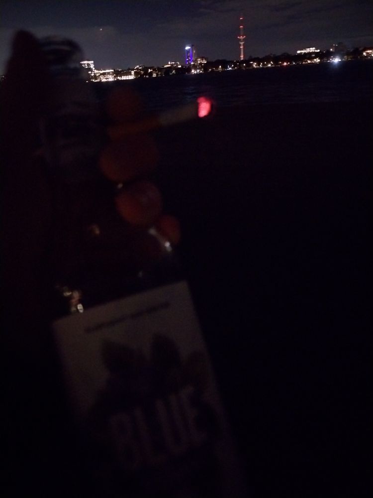 ich halte eine flasche blaubeereistee und ne kippe vor die Kamera, im hintergrund die außenalster und der fernsehturm