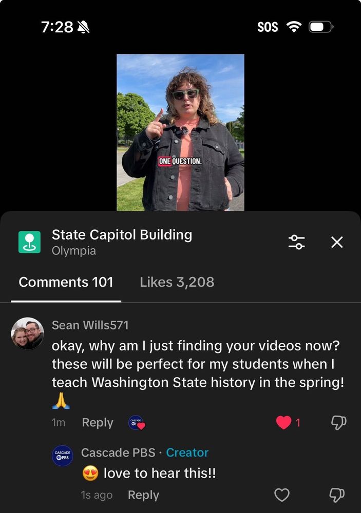 Screenshot of a comment on TikTok that reads “okay, why am I just finding your videos now? these will be perfect for my students when I teach Washington State history in the spring!”