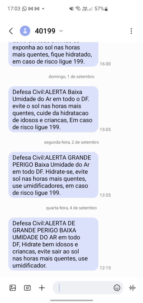 Print de mensagens da defesa civil alertando sobre a baixa umidade no df