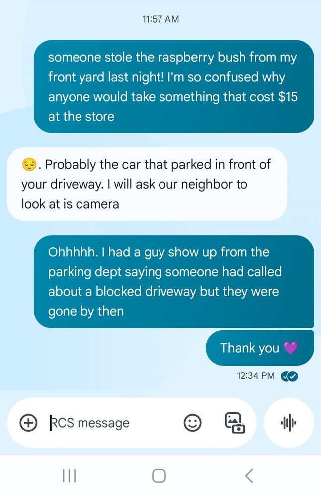 text chat:

11:57 AM (me):
someone stole the raspberry bush from my front yard last night! l'm so confused why anyone would take something that cost $15 at the store 

(J):
Probably the car that parked in front of your driveway. I will ask our neighbor to look at is camera 

(me):
Ohhhhh. I had a guy show up from the parking dept saying someone had called about a blocked driveway but they were gone by then 
Thank you
