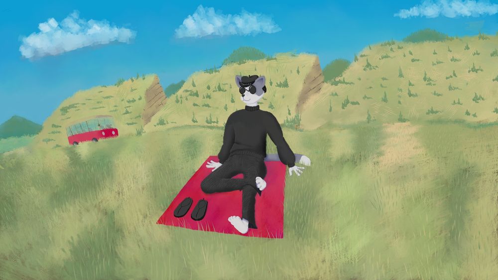 The painting shows off an anthropomorphic cat furry front and center, relaxing on a red blanket on the side of a hill. She has flip-flops with her to one side on the blanket but is presently barefoot. She is wearing black pants, a black sweater, a black beret, and sunglasses. In the background a red microbus sits empty. Further in the background are three hogbacks dotted with conifers and behind them,  green foothills. The sky is a cobalt blue, covered with white clouds.