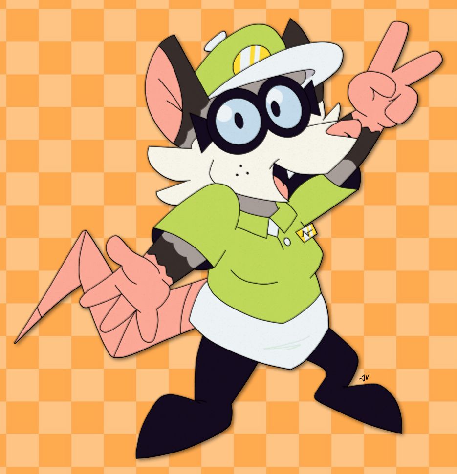 A render of Gigi Dempster, drawn in Clip Studio Paint.

Gigi stands at a small stature and wears a bright green hat with a white brim, a green collared dress shirt matching the same color of her hat, and a dainty white apron tied around her waist. She also wears large, black circular-lensed glasses, a golden nametag, and black pants that extend down to her feet. Gigi's fur is mostly a warm grey, though her ears and arms fade into a darker fur pattern. Her small hands and jagged tail are the same shade of reddish-pink as her nose. 

Gigi is drawn in a rather whimsical jumping pose, gesturing with one outward hand and brandishing a peace sign with the other. Gigi's artwork has been rendered to resemble that of an animation cel; noticeable tells for this include an overall yellowed color, a harsh drop shadow and a grainy texture.