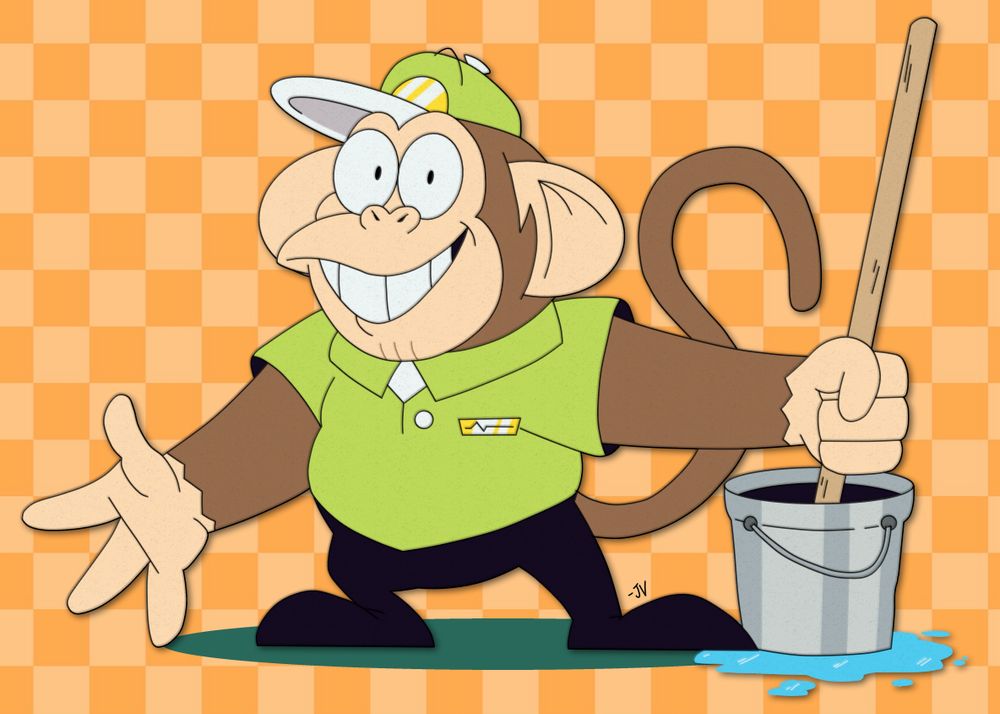 A render of Carl Luntz, drawn in Medibang Paint Pro.

Carl stands relatively small and wears a bright green hat with a white brim and a green collared dress shirt matching the same color of his hat. He also wears a golden nametag and black pants that extend down to his feet. Carl's fur is a muted brown, and his face and hands are a light tan shade. Features of note are Carl's long tail, even longer arms, large hands and short, stubby legs.

Carl stands in an extravagant pose, with both of his long arms extended outward; in his right hand, he grips a mop stored in a silver bucket, with a puddle of water at its base. Carl's artwork has been rendered to resemble that of an animation cel; noticeable tells for this include an overall yellowed color, a harsh drop shadow and a grainy texture.