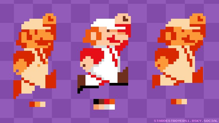 Three sprites of Fire Mario from the original Super Mario Bros. on the NES, drawn in Aseprite.

The image contains three iterations of Fire Mario, each with their respective color palettes. On the furthest left is the official Fire Mario sprite in a jumping pose, which is made up of three colors. It's worth noting that this sprite of Mario has a lot more verticality to it, unlike...

... the middle sprite of Mario is a 1:1 recreation of his appearance on the North American 'black box' for Super Mario Bros., boasting a completely different look as well as utilizing a grand total of eight colors. This sprite of Mario is notably more squashed than the final, and perhaps the most obvious difference aside from the coloring is the single pixel eye.

Finally, on the right is the same sprite as the middle, though using the three color palette the final Fire Mario sprite does. The sprites are backed with a purple checkerboard pattern background, and in the bottom-left corner of the drawing is a low-opacity watermark reading 'stardestroyer81.bsky.social'. Say, I got it right this time.