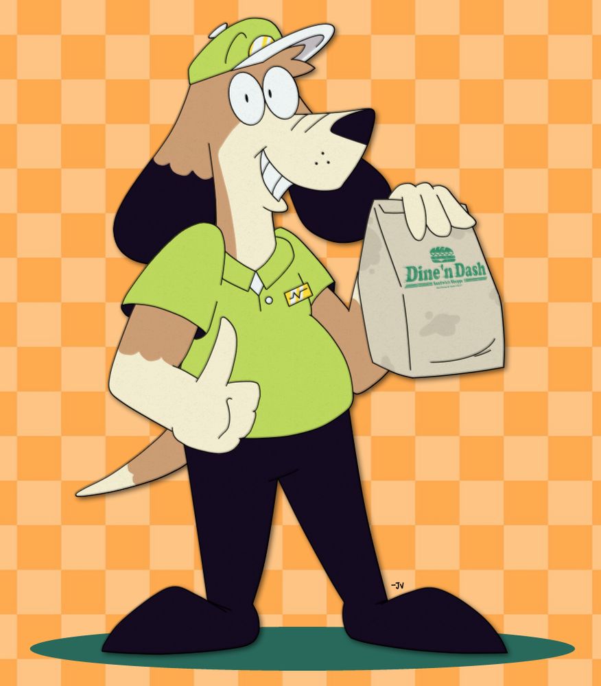 A render of Mr. Hartley, drawn in Medibang Paint Pro.

With a notably portly figure, Mr. Hartley's fur color is primarily a pale taupe, though his muzzle and arms are a brighter eggshell white. His ears taper off into a dark black fur pattern. He wears a bright green hat with a white brim, a green collared dress shirt matching the same color of his hat, a golden nametag, and black pants that extend down to his feet.

Mr. Hartley stands proudly, holding a greasy Dine 'n Dash branded paper bag in one hand and brandishing a thumbs up with the other. Mr. Hartley's artwork has been rendered to resemble that of an animation cel; noticeable tells for this include an overall yellowed color, a harsh drop shadow and a grainy texture.