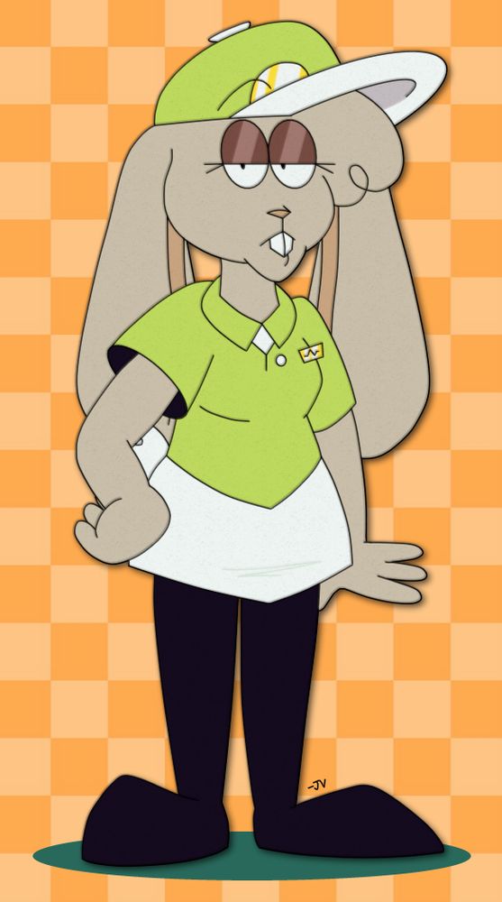 A render of Gwen Caruso, drawn in Medibang Paint Pro.

Gwen stands tall and wears a bright green hat with a white brim, a green collared dress shirt matching the same color of their hat, and a dainty white apron tied around their waist, as well as a golden nametag and black pants that extend down to their feet. Gwen's fur is a shade of vanilla brown, and their nose and inner-ears are pinkish-brown. Their ears are incredibly long, and flow down well past their shoulders. From beneath their hat, a small, fluffy tuft of hair juts out just above their half-lidded eyes.

Gwen stands in a relatively stoic pose, with one hand on her hip and the other gesturing outward. Gwen's artwork has been rendered to resemble that of an animation cel; noticeable tells for this include an overall yellowed color, a harsh drop shadow and a grainy texture.