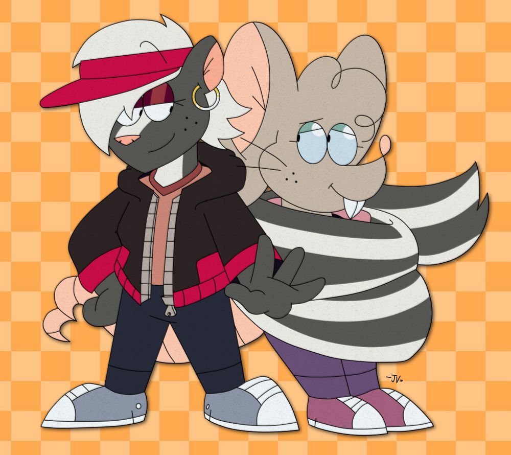 A render of Ruby Ramirez and Julia Starinsky, drawn in Medibang Paint Pro.

Ruby stands at a medium height with a compact body type, and wears a large, open black jacket with hot pink wrist cuffs and pockets. Under her jacket, she wears a dirty pink short-sleeved t-shirt as well as a pair of gunmetal navy jeans and regent grey sneakers. She also wears a crimson sports visor, relatively close to the same shade of pink as the cuffs of her jacket, and her right ear is pierced with a large, golden hoop earring. 

Ruby's fur is a deep shade of fuscous grey, and down her neck as well as her enormous tail are stripes of a lighter, mercury white fur color. Her hair, which swoops down over the side of her face, is the same white color, and she has a small pink nose, the same color as her inner ear.

Ruby stands in a laid-back, cool pose, with her tail securely wrapped around the torso of Julia Starinsky, her girlfriend.

Julia is a plus-sized rat wearing a dull pink hoodie with crimson cuffs over a cream t-shirt. She also wears bluish-purple jeans, and has thin-lensed glasses. Her fur is a shade of desaturated brown, and her inner ears, tail, nose and hands are a bright pink. 

There isn't much for Julia to do except stand still, allowing Ruby's big tail to wrap around her, leaving her to look over her shoulder toward Ruby with admiration. 

Ruby and Julia's artwork have been rendered to resemble that of an animation cel; noticeable tells for this include an overall yellowed color, a harsh drop shadow and a grainy texture. The background is an orange checkerboard pattern, and just above Julia's right foot is a signature reading '-JV', a small heart next to it.