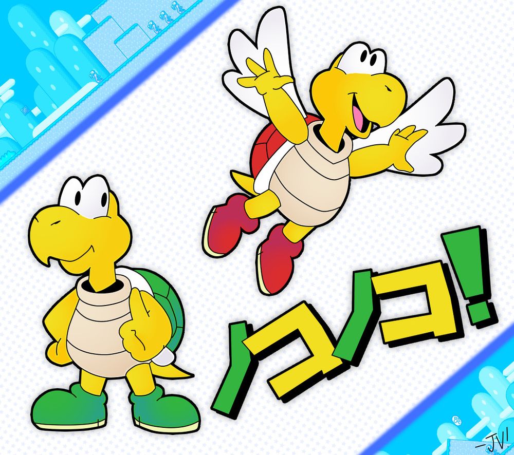 A drawing of a Koopa Troopa and a Koopa Paratroopa from the Super Mario franchise, drawn in Medibang Paint Pro.

The drawing consists of a Koopa Troopa and a Paratroopa, anthropomorphic turtles with removable shells. The former, depicted with a green shell and shoes of the same color, is bound to the ground, and brandishes a thumbs up with a closed mouth smile, whereas the latter, depicted with a red shell and shoes of the same color, joyously takes flight with white wings attached to its shell.

Directly to the right of the Koopa Troopa is Japanese text translating to 'Nokonoko!', the JPN translation of its English name, and both turtles are outlined with a thick black outline with a faint drop shadow. They are placed against a white background with small, cyan stars, and two diagonal stripes featuring sections of the first level of Super Mario World adorn the image's corners. 

A signature reading '-JV!' is located in the bottom-right.