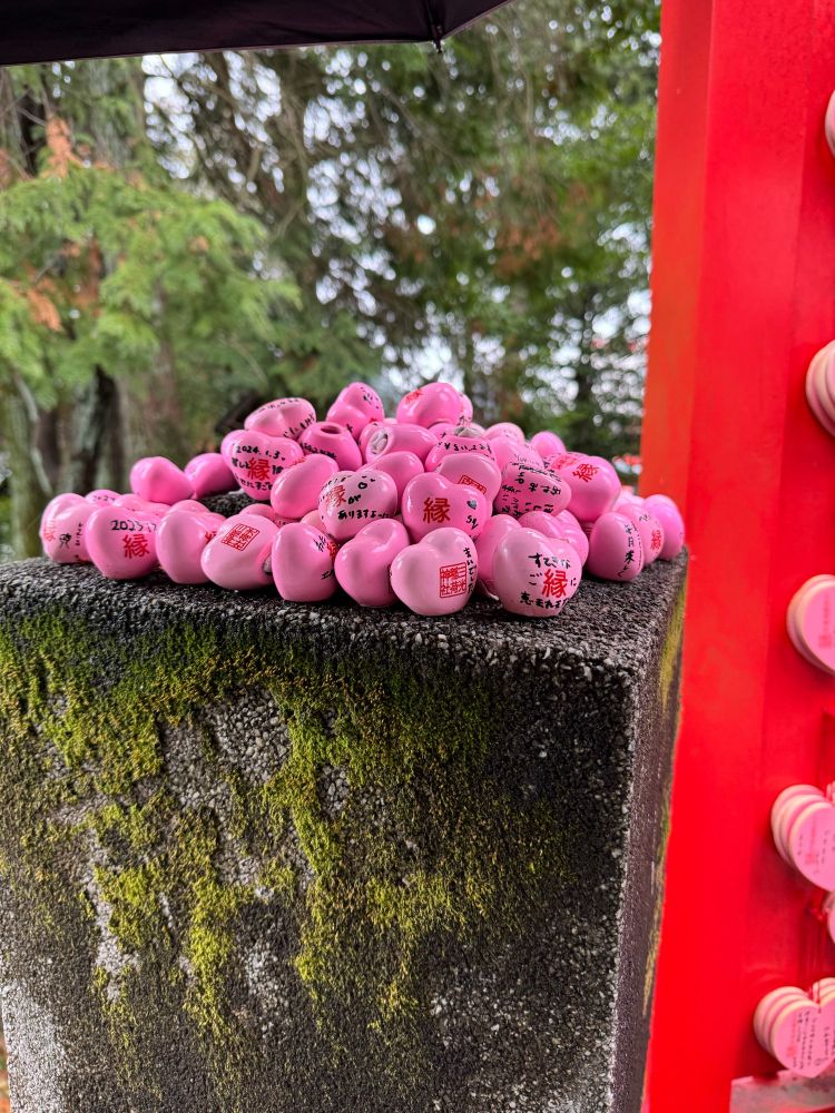お城へ向かう途中にある神社。縁結びで有名だよ。至る所にハートの絵馬が置いてあってとっても可愛い。
