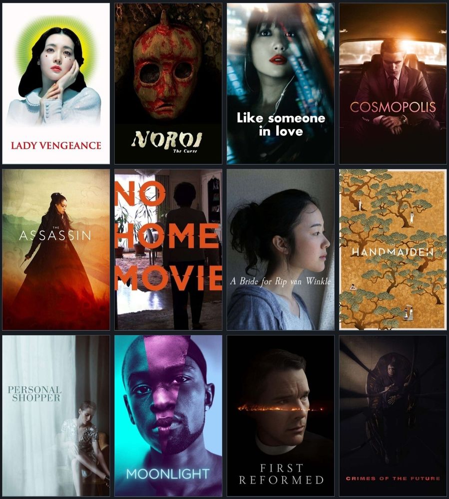 Lady Vengeance
Noroi: The Curse
Like Someone in Love
Cosmopolis
The Assassin
No Home Movie
A Bride for Rip Van Winkle
The Handmaiden
Personal Shopper
Moonlight
First Reformed
Crimes of the Future