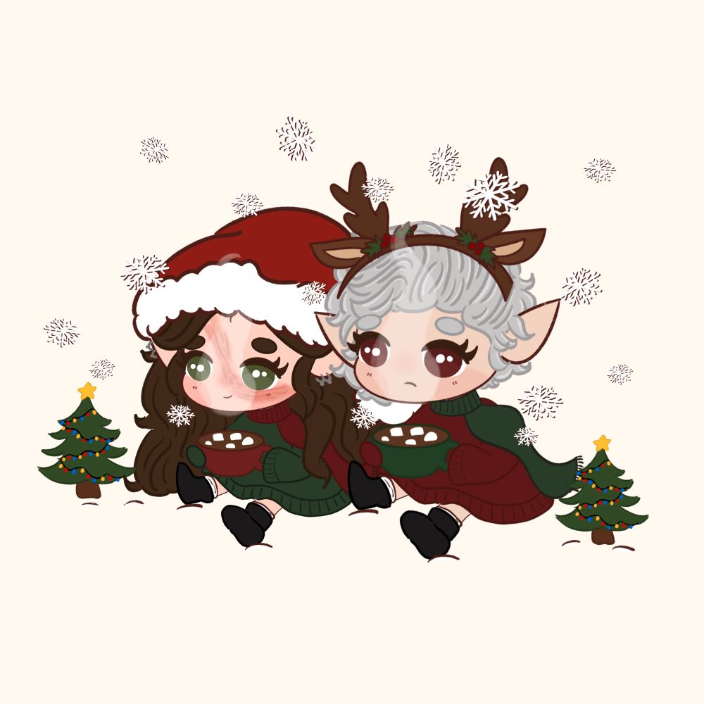 A chibi drawing of Andromeda and Astarion. She is wearing a Santa hat and is smiling. He is wearing reindeer antlers and looks less than pleased about it. 