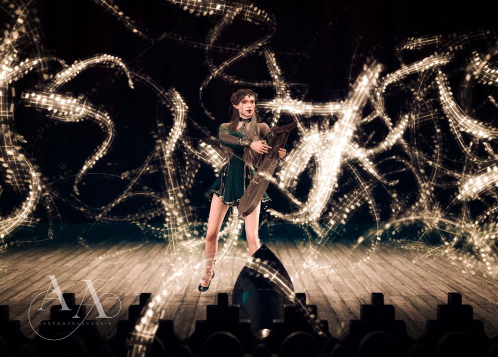 Andromeda playing her lyre on a stage, surrounded by golden musical notes