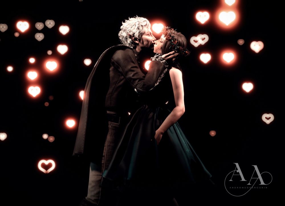 Andromeda and Astarion kissing, surrounded by glowing hearts