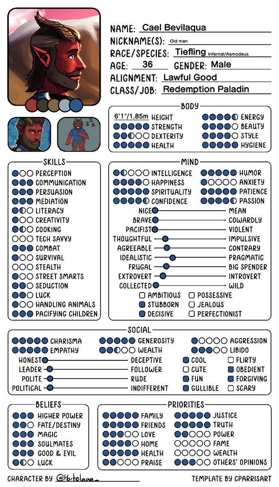 The chart, template by CPARRISART, shows things about the character "Cael Bevilaqua".
His Nickname seems to be "Old man" by his party Members.
He is a Infernal/Asmodeus Tiefling.
He is 36 years of age. Gender Male.
Aligment Lawful Good and Class Redemption Paladin.

About his body proportions, he's 6'1"/1,85m. Has 5 (out of 5) Strenght, 2,5 in Dexterity, 5 in Health, 4,5 in Energy, 4 in both Bealty and Style and 5 in Hygiene.

About his Skills, he has 1 (out of three) in perception, 3 in communication, 3 in persuasion, 3 in madiation, 2,5 in literacy, 1 in creativity, 2,5 in cooking, 0 in tech savvy, 3 in combat, 1 in survival, 0 in stealth, 1 in street smarts, 2 in seduction, 2 in luck, 1 in handling animals and 3 in pacifying children.

About his Mind, he has 1,5 (out of 5) in intelligence, 5 in humor, 4 in happiness, 1 in anxiety, 5 in spirituality, 5 in patience, 4,5 in confidence and 4,5 in passion.
He leans towards Nice over Mean, Brave over Cowardly and Pacifist over Violent. He is more Thoughtful than Impulsive. He is more Agreeable than Contrary. He is more Idealistic than pragmatic. He is more Frugal than a Big Spender. He is more of a Extrovert. He is Collected over Wild.
He is Stubborn and Decisive, but not Ambitious, Possessive, Jealous or Perfectionist.

About his Social, he has 5 (out of 5) charisma, 5 in generosity, 1 in aggression, 5 in empathy, 2,5 in wealth and 3 in libido.
He is Honest, more of a leader than a follower, Polite over rude and Political over Indiferent. He is Cool, Obedient, Fun, Forgiving and Gullible, but not Flirty, Cute or Scary.

About his Beliefs, he Believes in Higher Power (3/3), Fate (2/3), Magic (3/3), Soulmates (3/3), Good & Evil (3/3) but not so much in Luck (1,5/3).

About his Priorities, Family, Justice, Friends, Health and Truth are in the top (5/5). Followed by Home (4/5), Love and Other's Opinions (3/5), Praise and Power (2/5). He doesn't mind of Fame or Wealth.