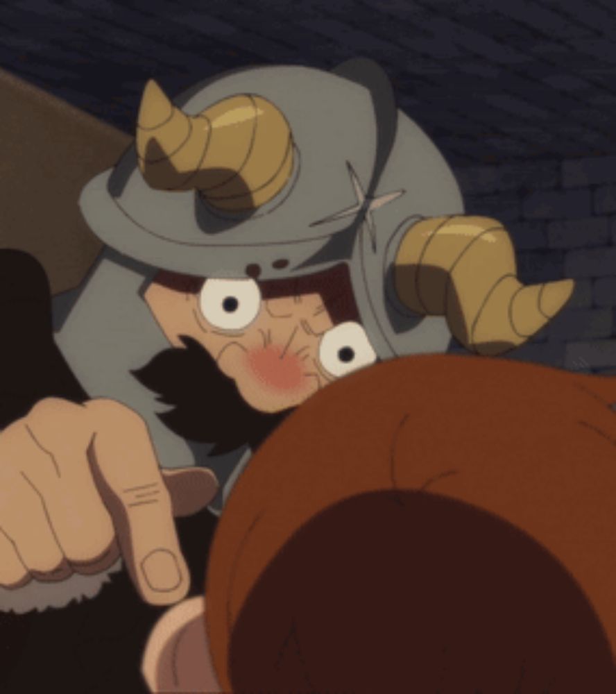 a cartoon character wearing a helmet with horns points at something