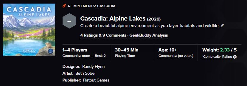 Cascadia: Alpine Lakes entry on BGG.