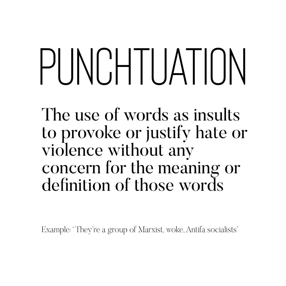 PUNCHTUATION
The use of words as insults to provoke or justify hate or violence without any concern for the meaning or definition of those words
Example: "They're a group of Marxist, woke, Antifa socialists'