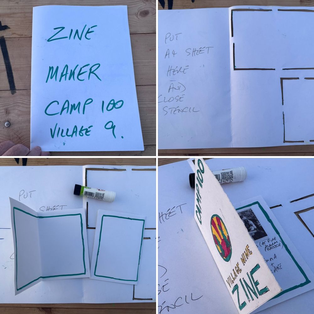 Four photos of process of using card stencil to make pages. 📄 me photo is a more complete version with words and pictures 