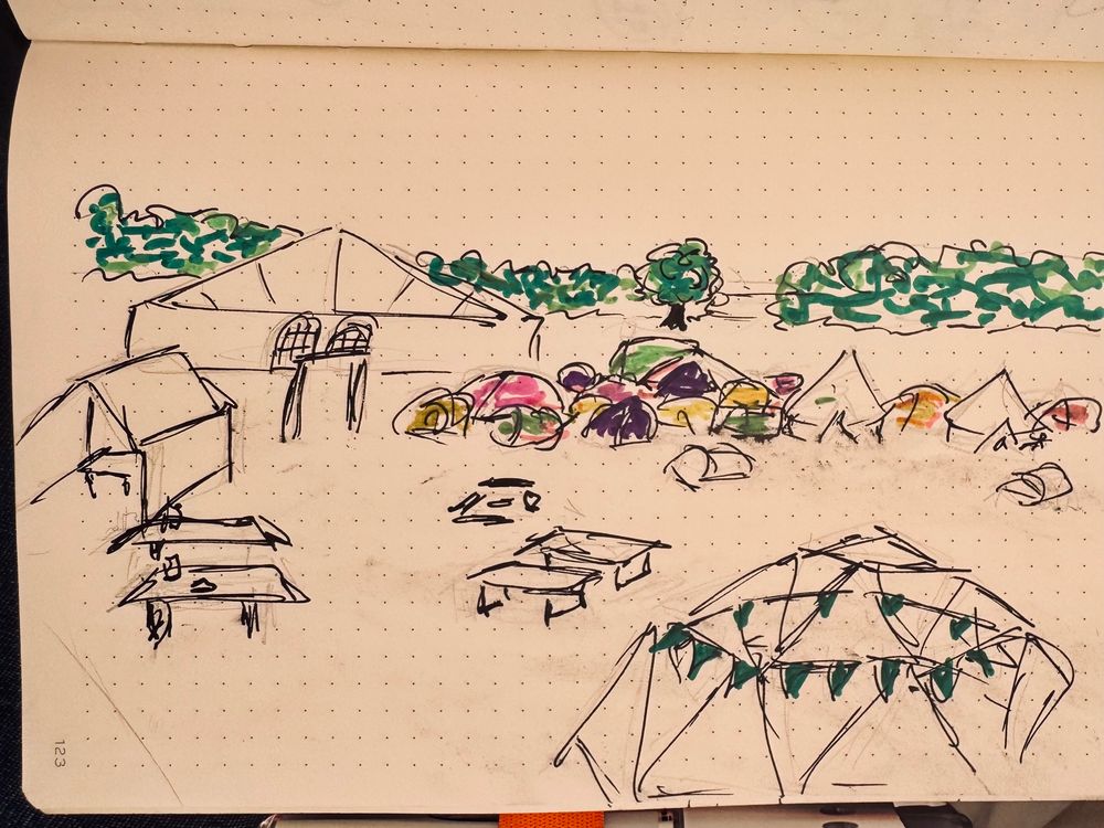 Sketch with some colour of camping area with many tents packed on one side of field, some larger marquees to left and trees in background