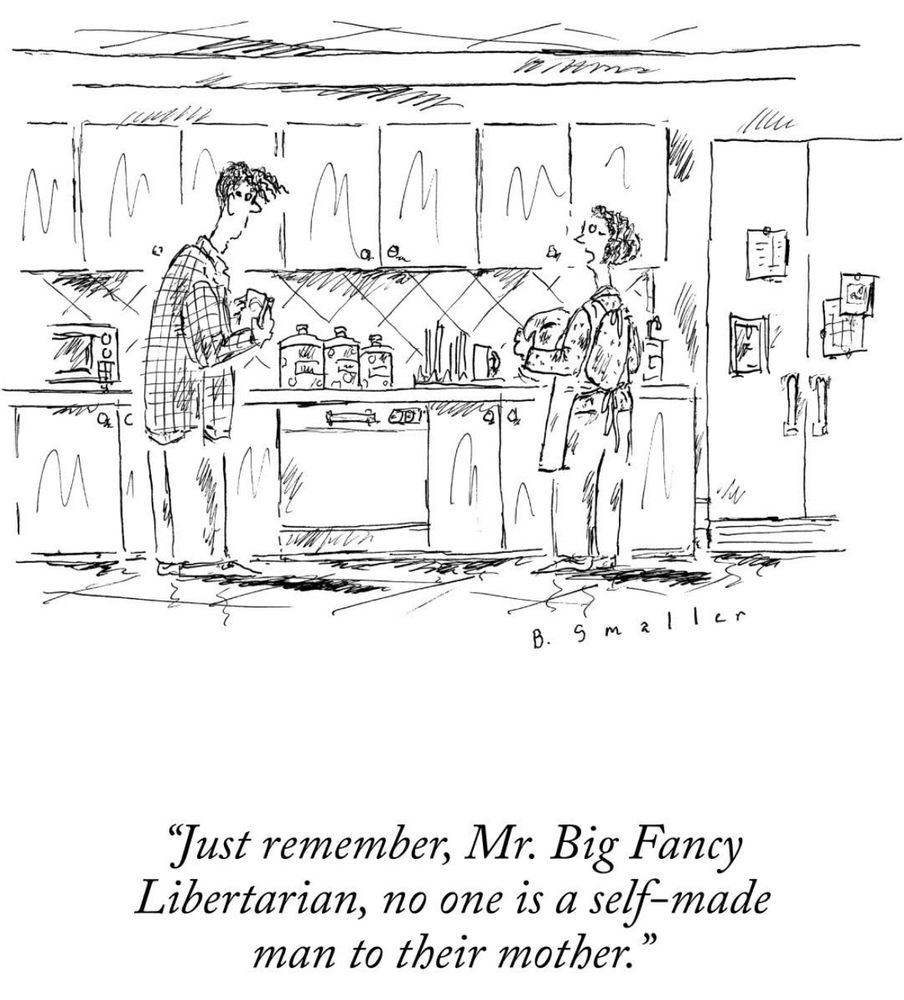 In kitchen, mum is washing up while son is standing clutching phone. She says “Just remember, Mr. Big Fancy Libertarian, no one is a self-made man to their mother.”