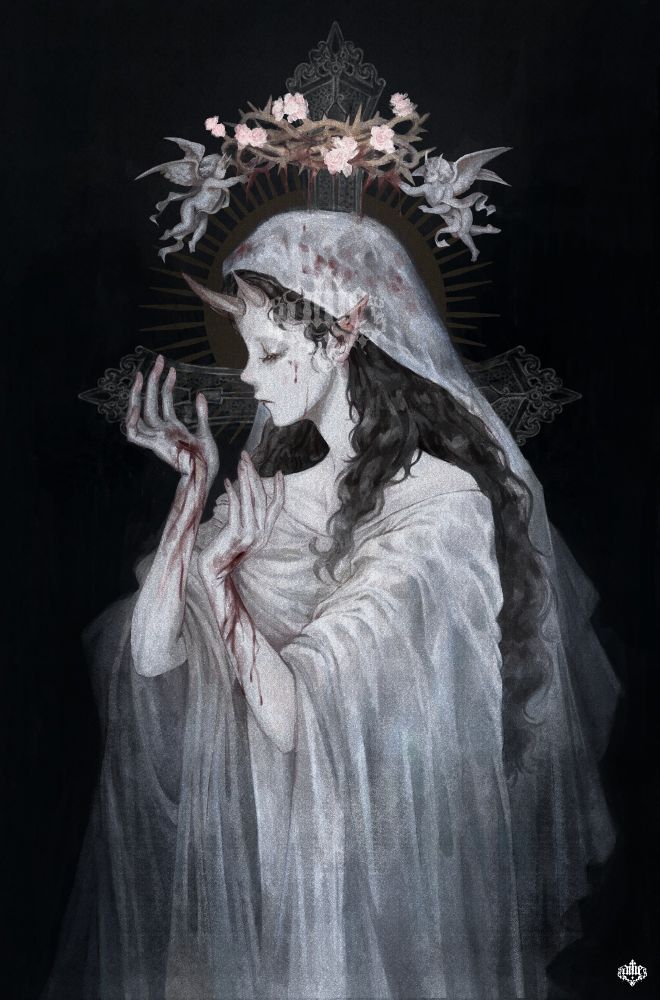 Black haired demon lady in white against a black bg. She has stigmatas in her hands. Two cherubs carries a thorny crown above her head.