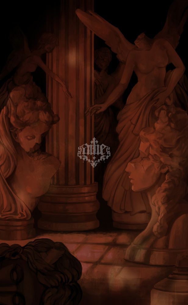 a red room with broken statues