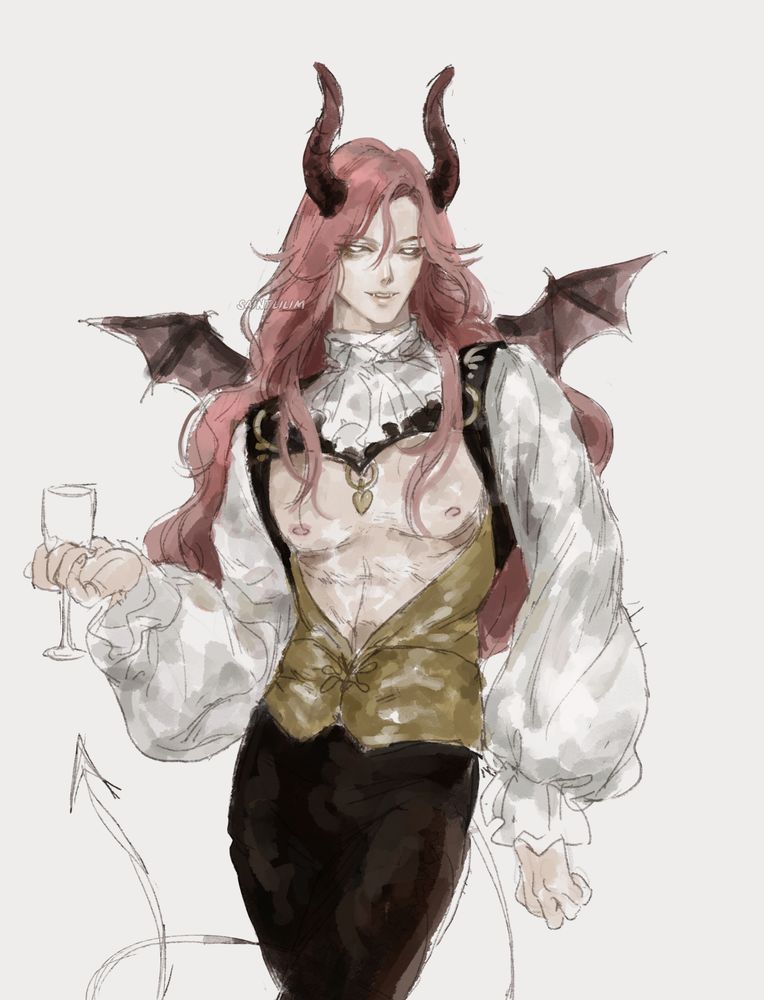 demon boi with pink hair with horns and bad wings, holding a glass of wine. he's wearing a cravat and a shirt with heart shaped boob window lol