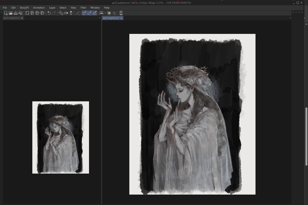 screenshot of clip studio with a lady with a head of thorns