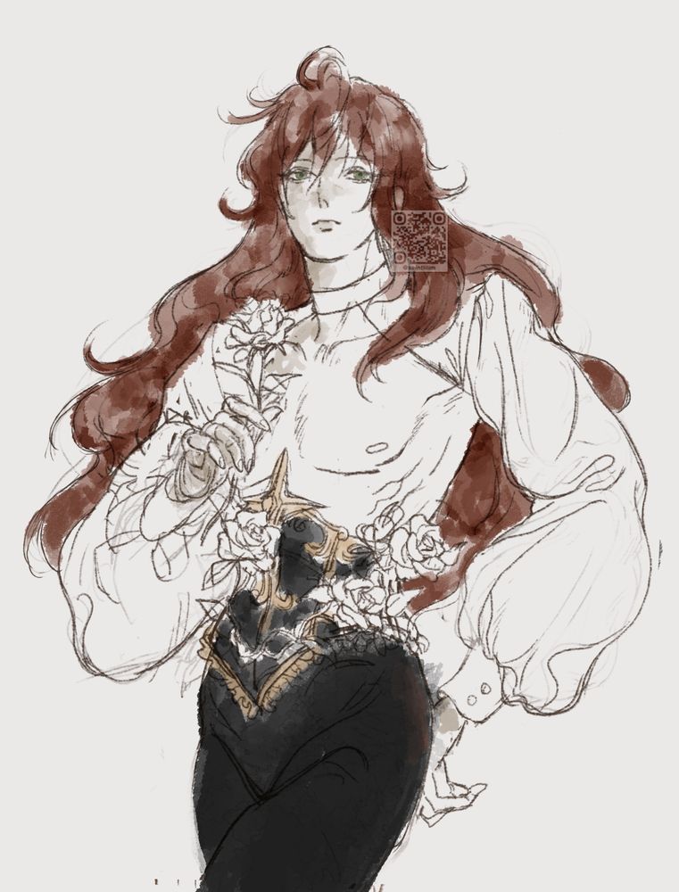 A sketch of Kurama, a red haired character with green eyes, holding a rose and wearing a corset