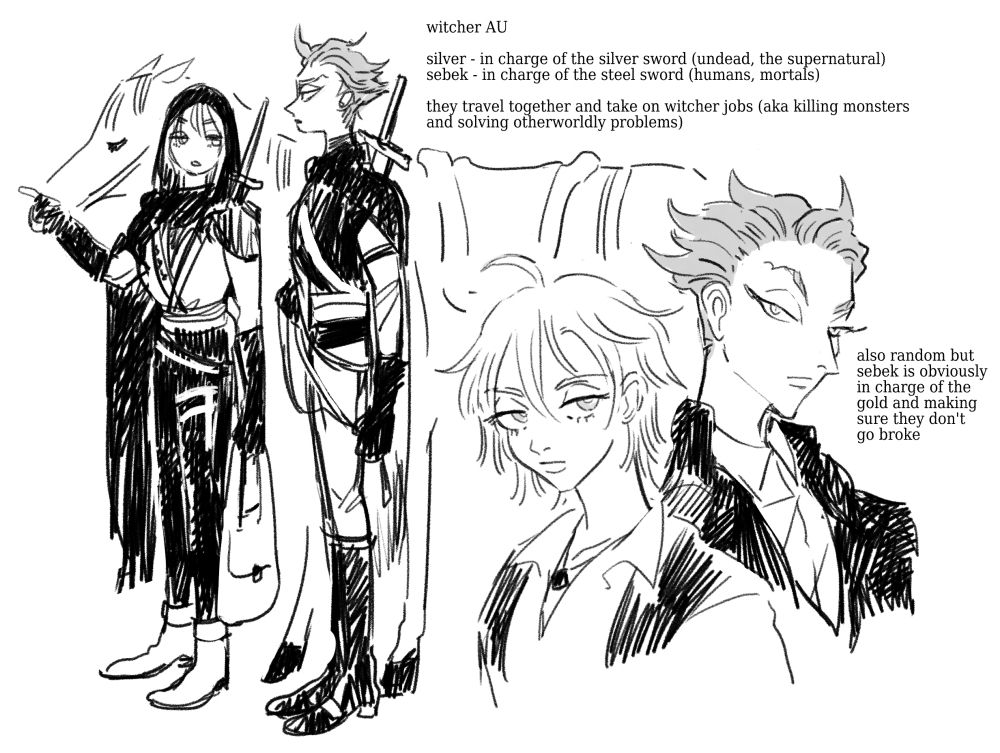 TWST Witcher AU fanart featuring Diasomnia. Here we have Silver, who is in charge of the silver sword (for the undead and the supernatural) and Sebek, who deals with the steel sword (for humans and mortals). They travel together and take on witcher jobs (killing monsters and solving otherworldly problems). They travel by horseback always...
Also random but Sebek is obviously in charge of the gold and making sure the two of them don't go broke.