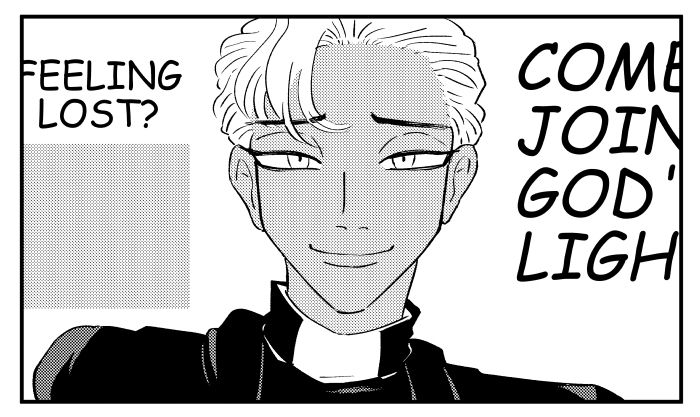 Panel from my comic, Better the Devil You Know. My character Father Jones is smiling as he welcomes you to God's light!
