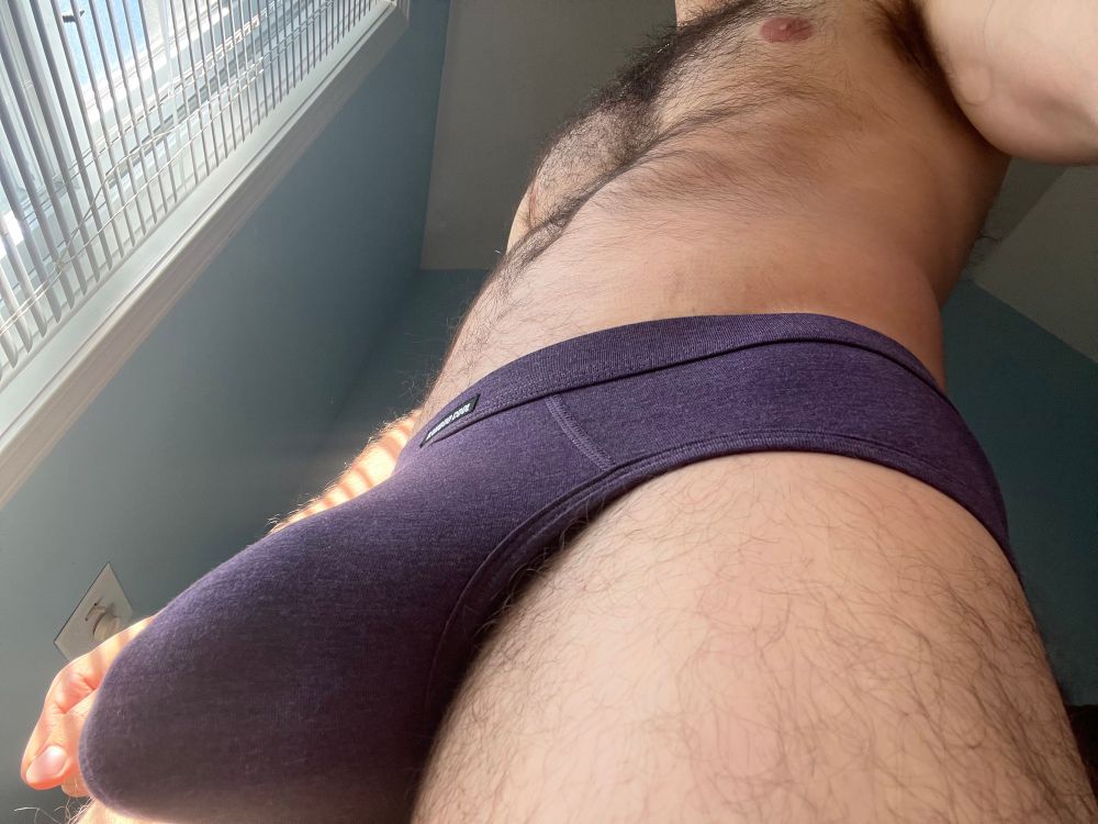 A pov of you below my semi soft cock in undies looking up 