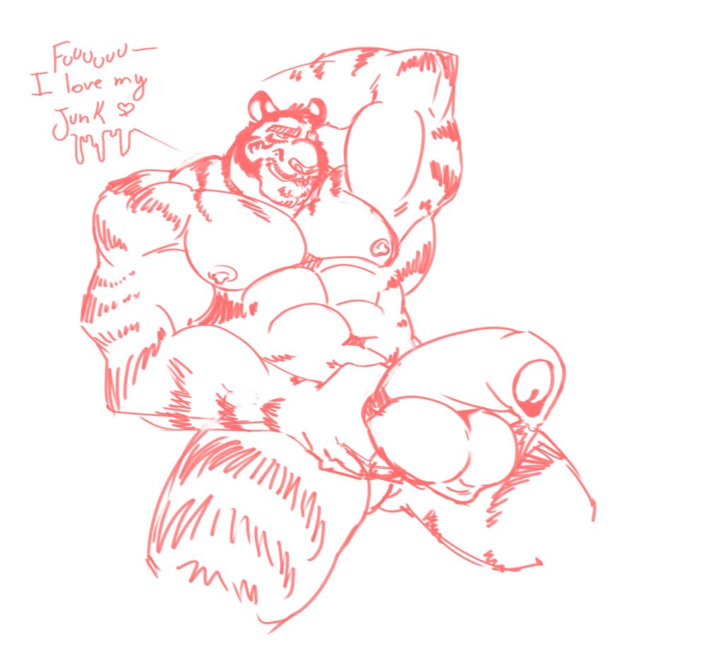 A big muscular male tiger goons and holds his dick and balls with one hand, he exhales while biting his lower lips "fuuuu- I love my junk s2"