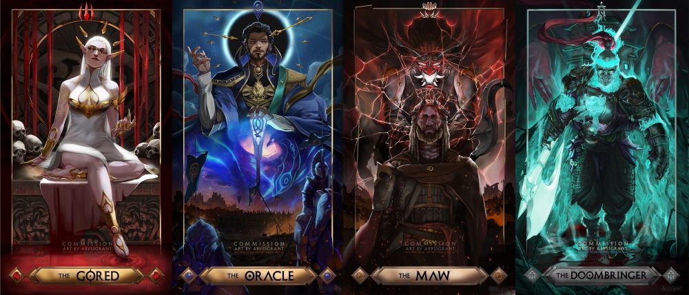 COMM: 4 tarot inspired illustrations featuring 4 villains in a ttrpg campaign. The Gored: 1/7 A beautiful, pale elf woman with fit muscles and a white and gold ornamental dress. Blood flows behind her with ancient carvings depicting sacrifice and power is seen on the stone decorations. The Oracle: 2/7 A powerful wizard in intricate blue and gold robes. He has a chest piece in the shape of a phoenix. There is a space/time theme and within his staff and robes glows a cosmic phoenix. In the foreground are his thralls. The Maw: 3/7 A dark-skinned warrior with long hair wearing a shattered crown made of obsidian. He wears a long brown cloak over black and red armor. A cloth covers what seems to be teeth like decorations on the armor. Behind him, a demon wearing the same armor but wearing a red Oni-like mask has him by the throat. The scene is cracked behind him. The Doombringer: 4/7 The goliath suit of armor of a long dead king reanimated to avenge his fallen kingdom. The armor has mongolian inspired features with a long, red trail of hair from the top of the helmet. There's a crown of aquamarine fire around the full iron faced helmet. The souls of his fallen people bind the armor together represented by ghostly hands spreading out from the cloak and in between the armor pieces. In his right hand is a massive great axe made of ghostly white energy. The armor steps through a battlefield of enemies felled by his hand, looking like they've been sucked of their life energy. Behind the Doombringer is a collapsing tower also filled with ghostly energy, and two hands are reaching towards him beside the tower. #Characters by english-frog@bsky.social 