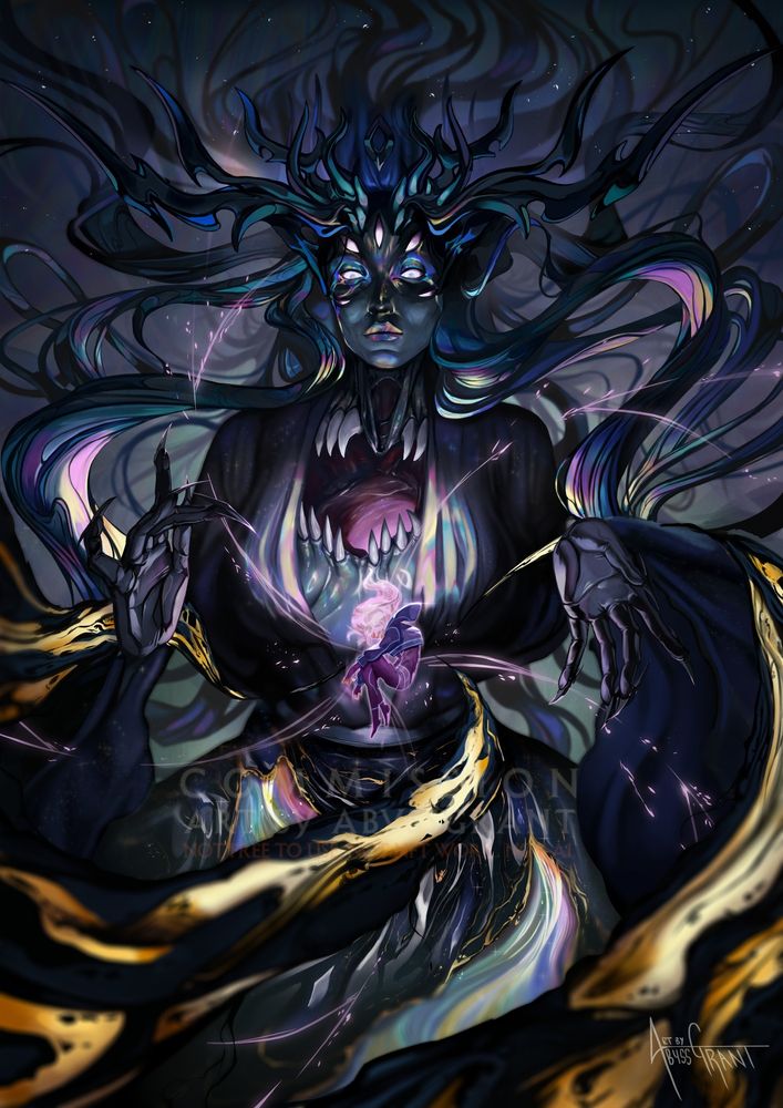 Neith, Opener of Ways
Digital Art 2025

She's a dark, towering figure, all long limbs and flowing robes. Horns like a crown burst from her head, emerging from inky hair that trails off into nothingness. She has multiple, spider-like eyes, strikingly pale against her oil-slick skin. She has a gaping maw revealed under the robes with sharp, white teeth. She looks larger than life and strikingly inhuman.

In front of her is another character curled up and floating in a serene state.

The entire image has an oil sheen motif and inky oil features.
