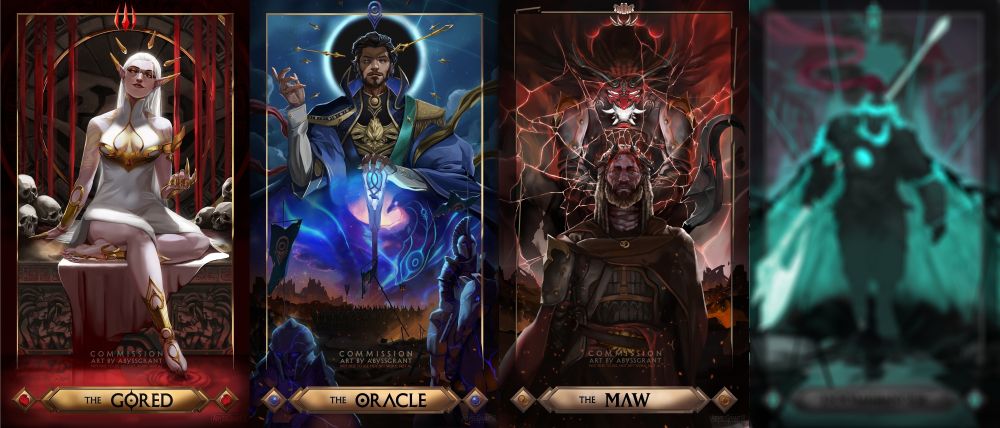 COMM:
3 tarot inspired illustrations featuring 3 villains in a ttrpg campaign. A teaser for a 4th is shown.

The Gored: A beautiful, pale elf woman with fit muscles and a white and gold ornamental dress. Blood flows behind her with ancient carvings depicting sacrifice and power is seen on the stone decorations.

The Oracle: A powerful wizard in intricate blue and gold robes. He has a chest piece in the shape of a phoenix. There is a space/time theme and within his staff and robes glows a cosmic phoenix. In the foreground are his thralls.

The Maw: A dark-skinned warrior with long hair wearing a shattered crown made of obsidian. He wears a long brown cloak over black and red armor. A cloth covers what seems to be teeth like decorations on the armor. Behind him, a demon wearing the same armor but wearing a red Oni-like mask has him by the throat. The scene is cracked behind him.

#Characters by english-frog@bsky.social
