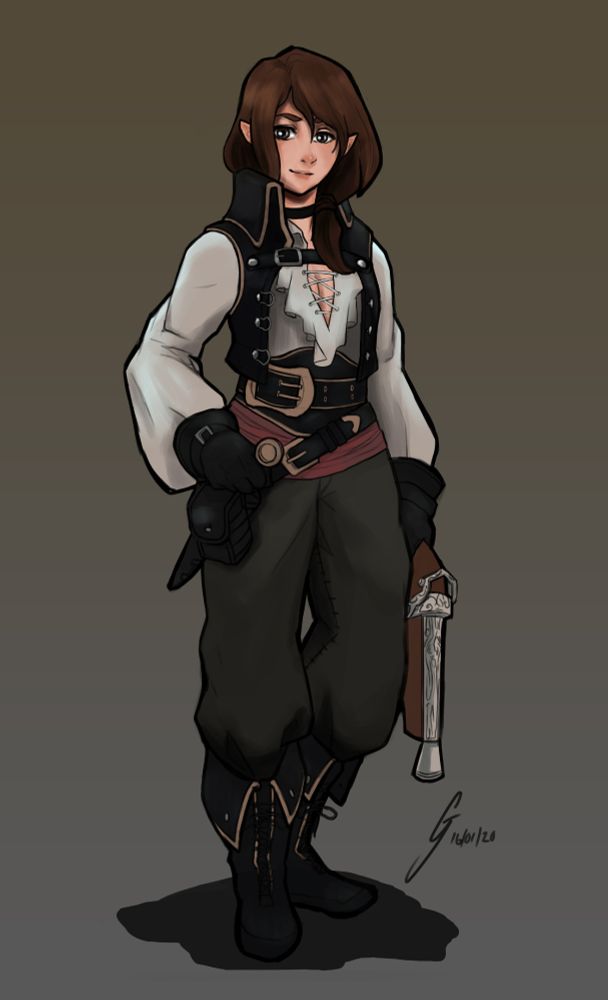 Old character design of my OC Ilsulzee in their favorite form. They're a changeling that looks to use this form the most. In this form she's a relatively tall halfling with an androgenous hairstyle. She wears an androgenous clothing incase she transforms without a clothe change.