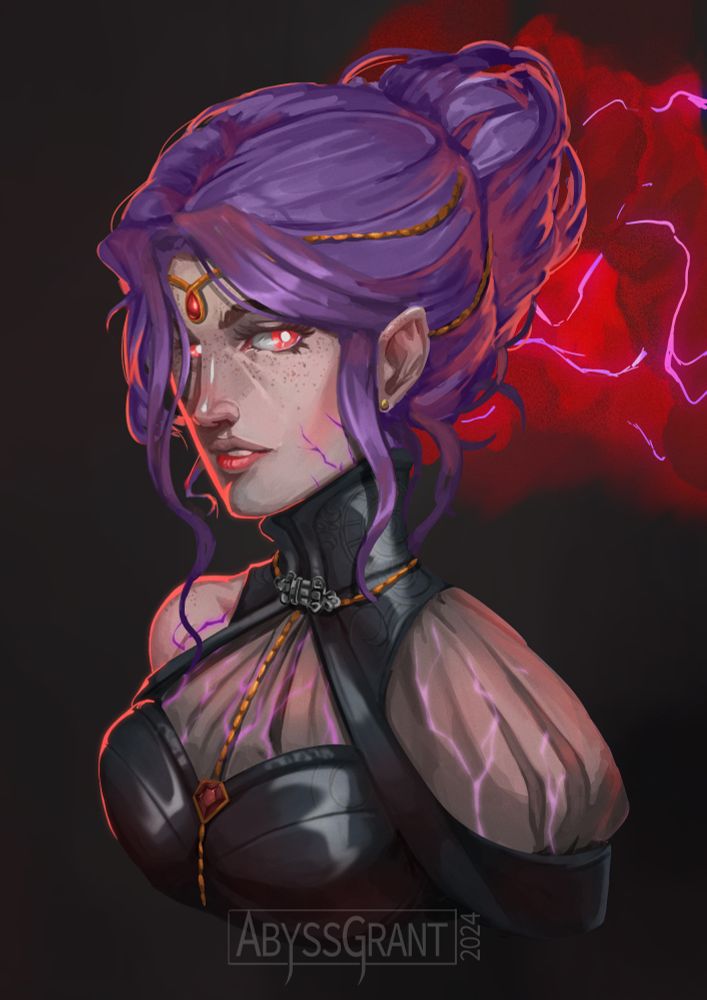Imogen Portrait
2024
Digital art of Imogen Temult from Critical Role C3. Character by Laura Bailey. 

A bust of a woman with lavender hair tied up in a messy bun. She is fair with freckles and bright, glowing red eyes. She has a leather outfit with thin shoulders that shows the purple lightning patterns on her skin. She is adorned with gold jewellery. A red, stormy cloud is shown behind her with purple lightning.
