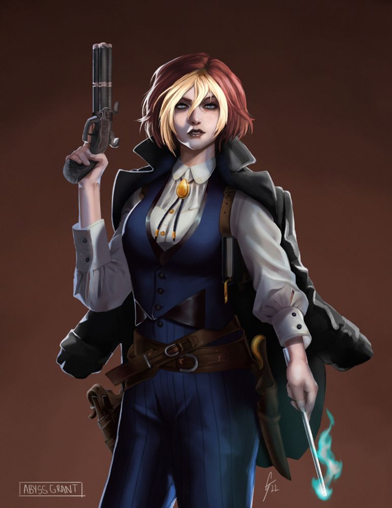Lena, Gun Wizard Digital Art 2022 A half-body commission of a woman wielding a pistol and a wand. She has western clothes on and multiple belts holding multiple items. She has short red hair with blonde bangs and her eyes are narrowed to slits.