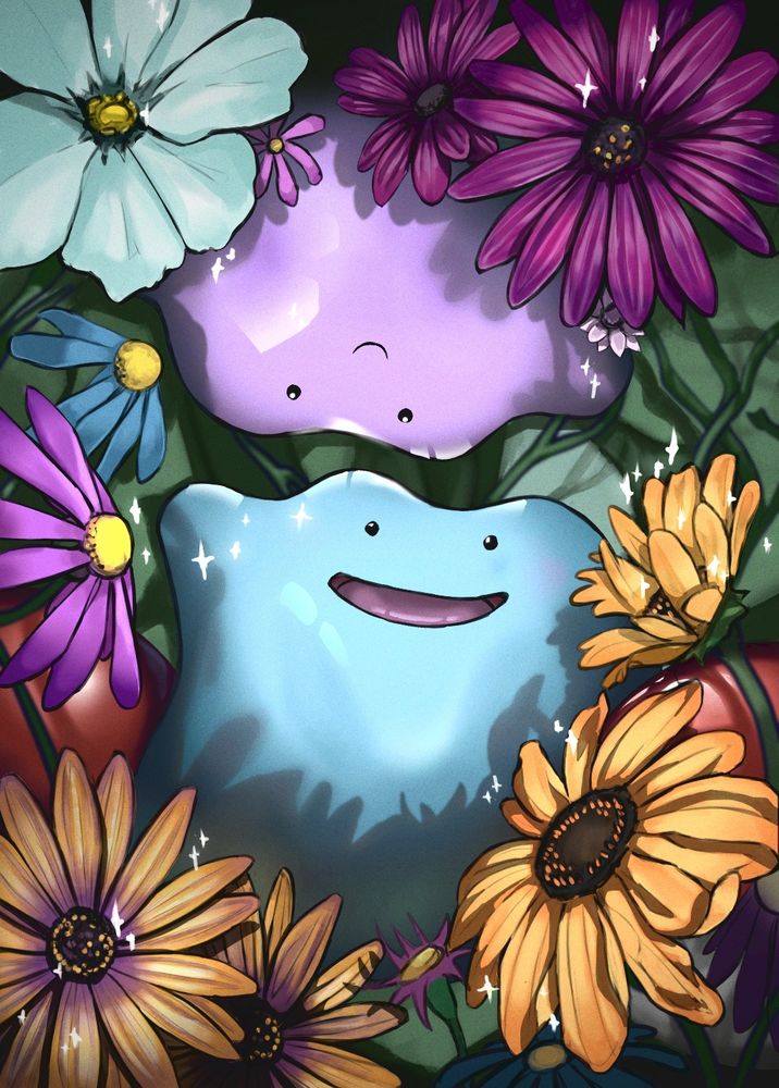 Final art of 2 Ditto playing in a field of wildflowers 
