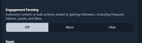 Text from Bluesky's Moderation settings page. The default is set to Hide "Engagement Farming" posts.