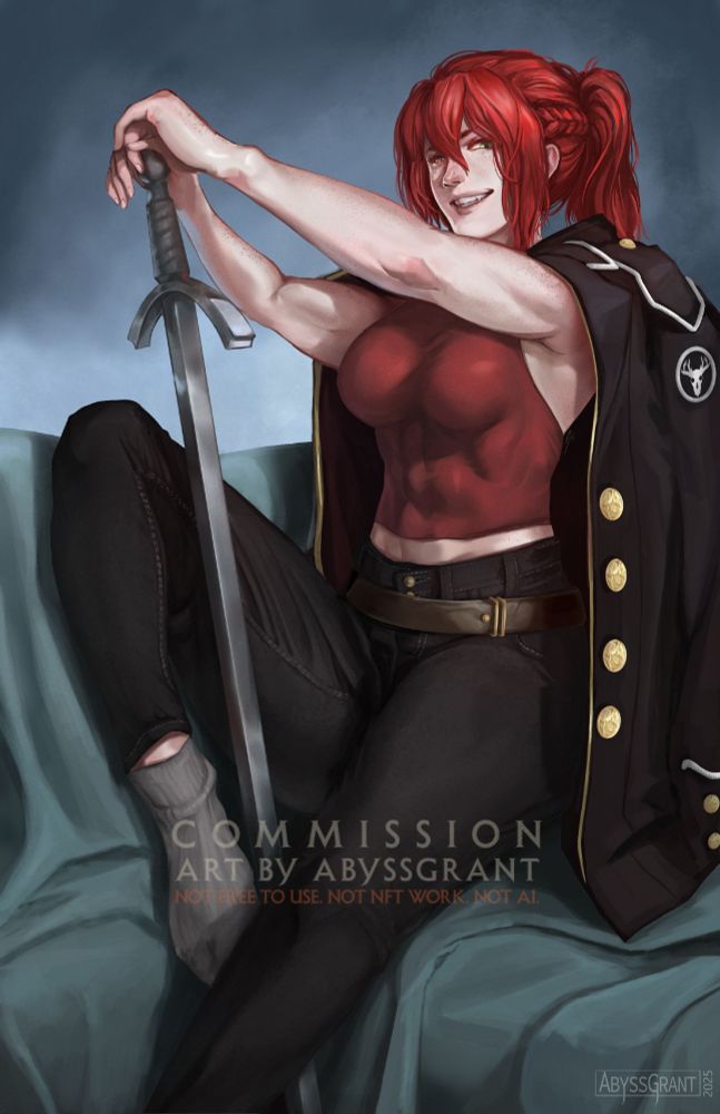 A pin up inspired digital art of a red haired military woman. She smiles and holds a broad sword. 

Character and Commission by @vahnpyre.bsky.social
