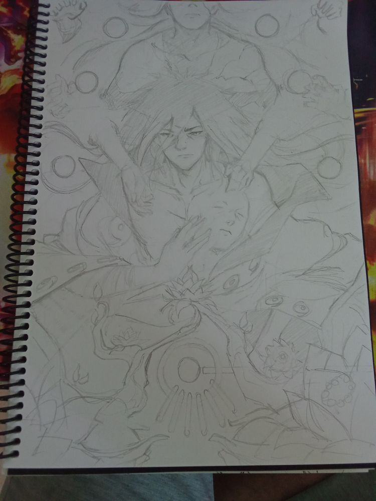 A pencil sketch of Madara Uchiha in kinda Sage mode looking forlorn at the Hashirama face on his chest.