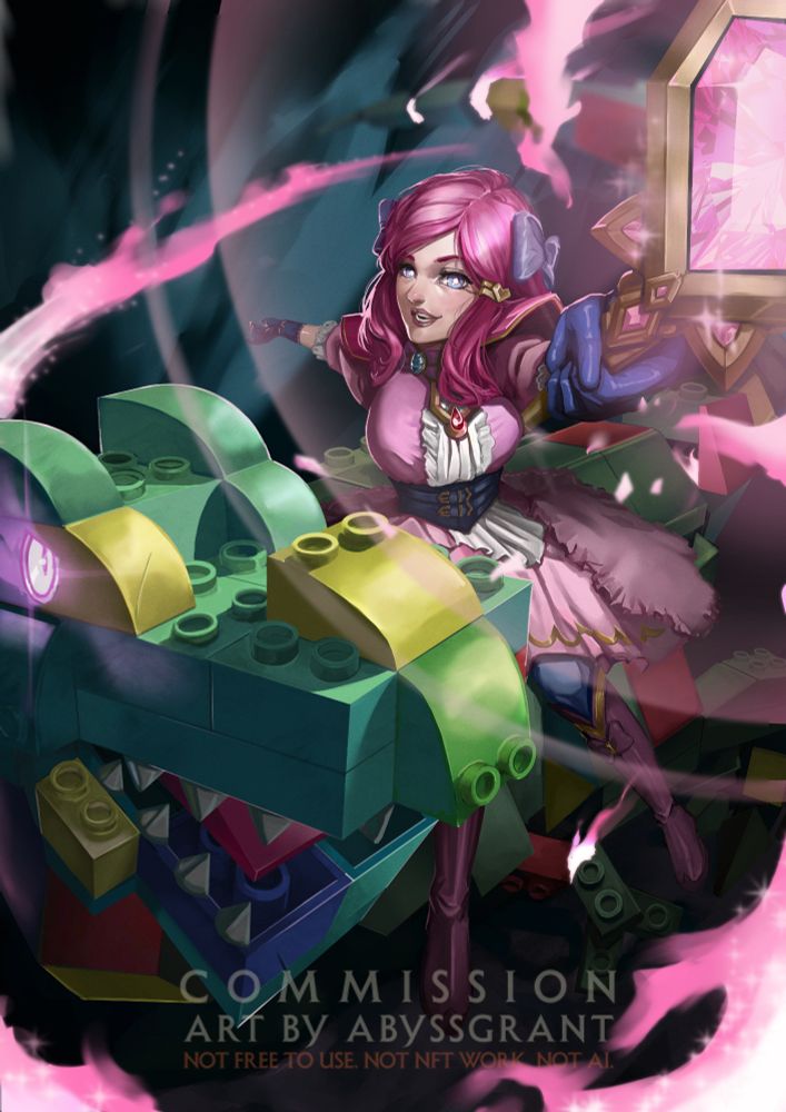 Mage 2
Digital Art 2024

Commission for SpeedRobo Games

A bright, frilly dressed young woman with pink hair smiles up towards the camera while pointing a magical staff. Power emenates around her and enchants a giant T-Rex made out of colorful blocks. She looks joyful and happy.
