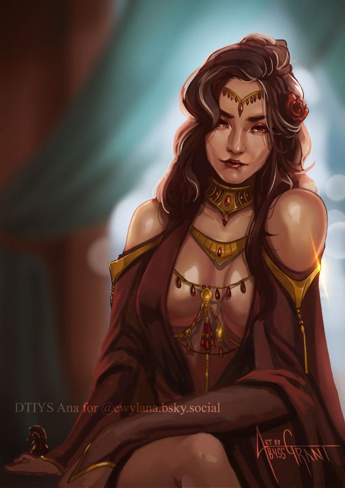 DTIYS for Ewylana.

A woman with dark hair and a flowing red robe holds a chess piece in her hand. She has gold jewelry all over her body.