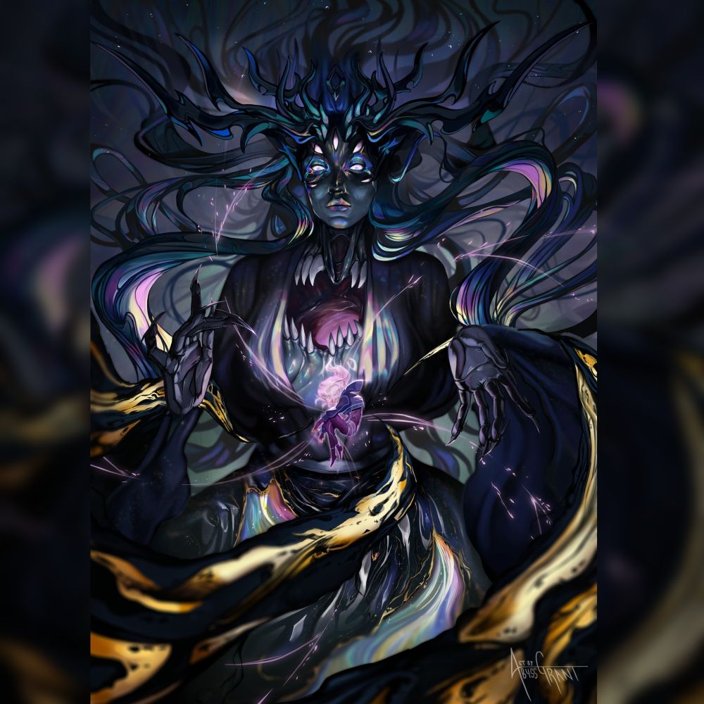 Neith, Opener of Ways
Digital Art 2025

She's a dark, towering figure, all long limbs and flowing robes. Horns like a crown burst from her head, emerging from inky hair that trails off into nothingness. She has multiple, spider-like eyes, strikingly pale against her oil-slick skin. She has a gaping maw revealed under the robes with sharp, white teeth. She looks larger than life and strikingly inhuman.

In front of her is another character curled up and floating in a serene state.

The entire image has an oil sheen motif and inky oil features.

Commissioned on Tumblr
