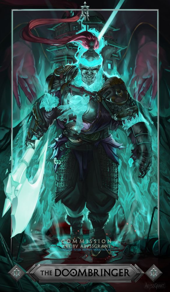  The Doombringer: 4/7 The goliath suit of armor of a long dead king reanimated to avenge his fallen kingdom. The armor has mongolian inspired features with a long, red trail of hair from the top of the helmet. There's a crown of aquamarine fire around the full iron faced helmet. The souls of his fallen people bind the armor together represented by ghostly hands spreading out from the cloak and in between the armor pieces. In his right hand is a massive great axe made of ghostly white energy. The armor steps through a battlefield of enemies felled by his hand, looking like they've been sucked of their life energy. Behind the Doombringer is a collapsing tower also filled with ghostly energy, and two hands are reaching towards him beside the tower. #Characters by english-frog@bsky.social 