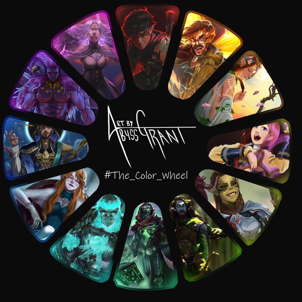 A compilation of AbyssGrant's art in the #The_Color_Wheel trend showing multiple personal works and commissions in a radial arrangement of the colors of the rainbow. Full pieces can be found on my Artstation and throughout my profile.