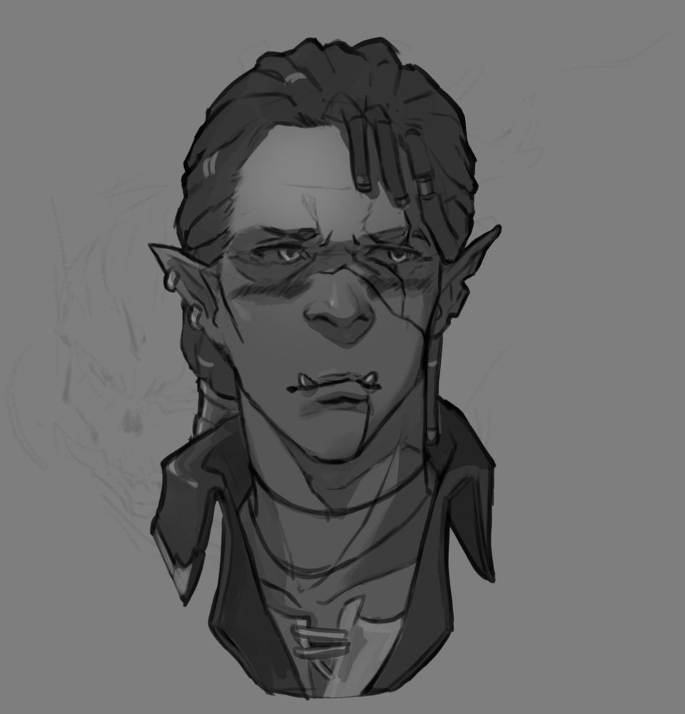 A sketch of my OC Ezra, a half orc with long dreadlocks tied back with a big iron bangle of sorts. He has notches and scars on the right side of his face. In this image he is looking away and blushing.